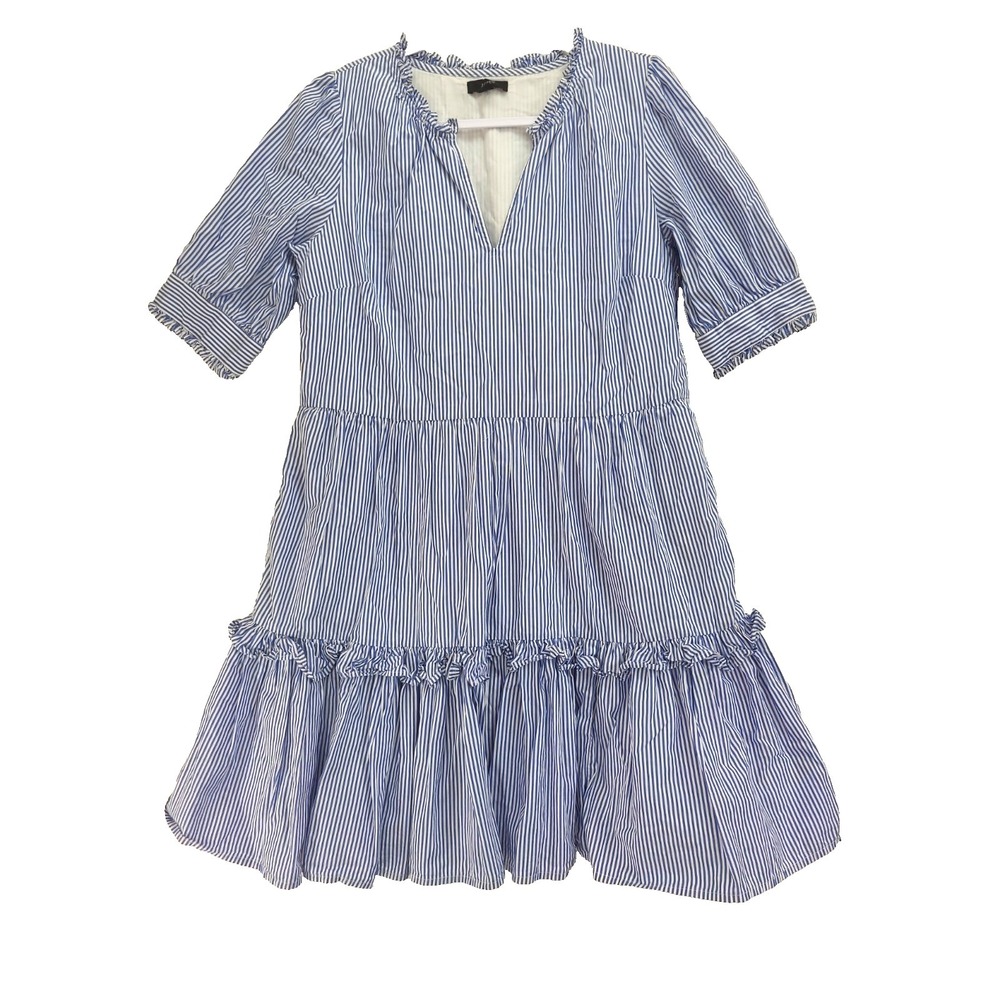 J.Crew Ruffleneck Tiered Popover Dress Small Stripe Blue and White Cottagecore
